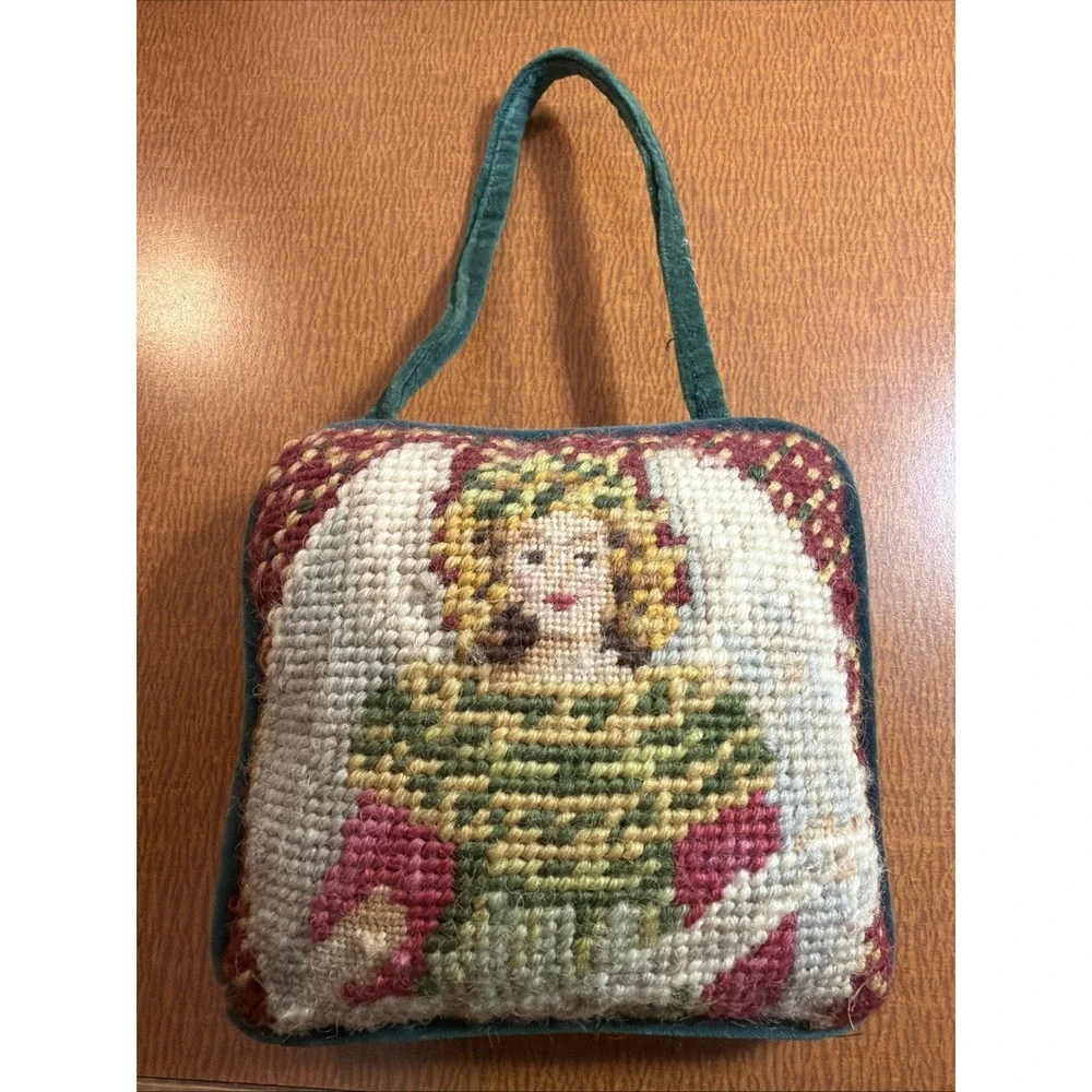 Vtg Needlepoint Angel Pillow Christmas Red Green Velvet Back 5